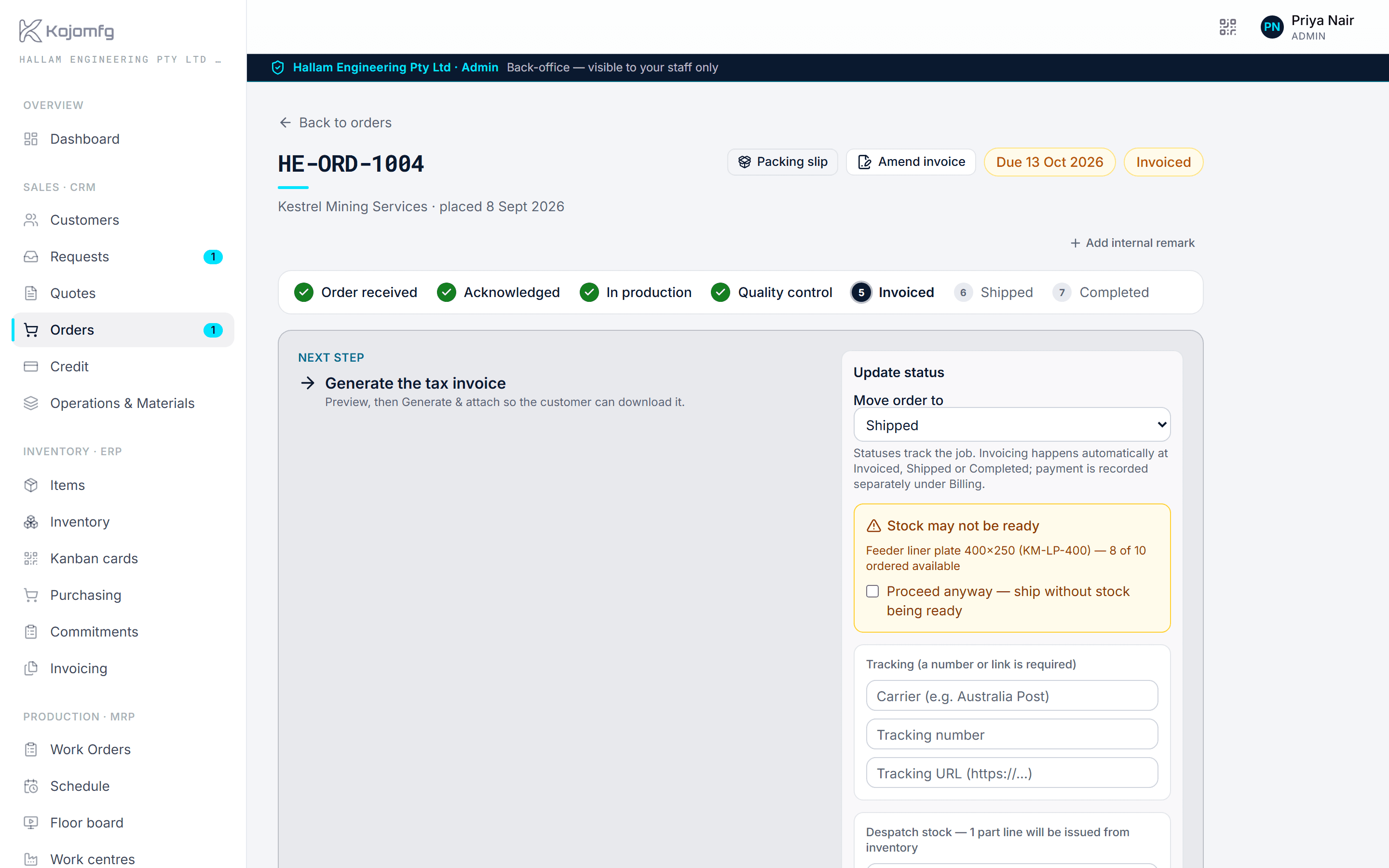 A tax invoice raised from an order, with its payment status.