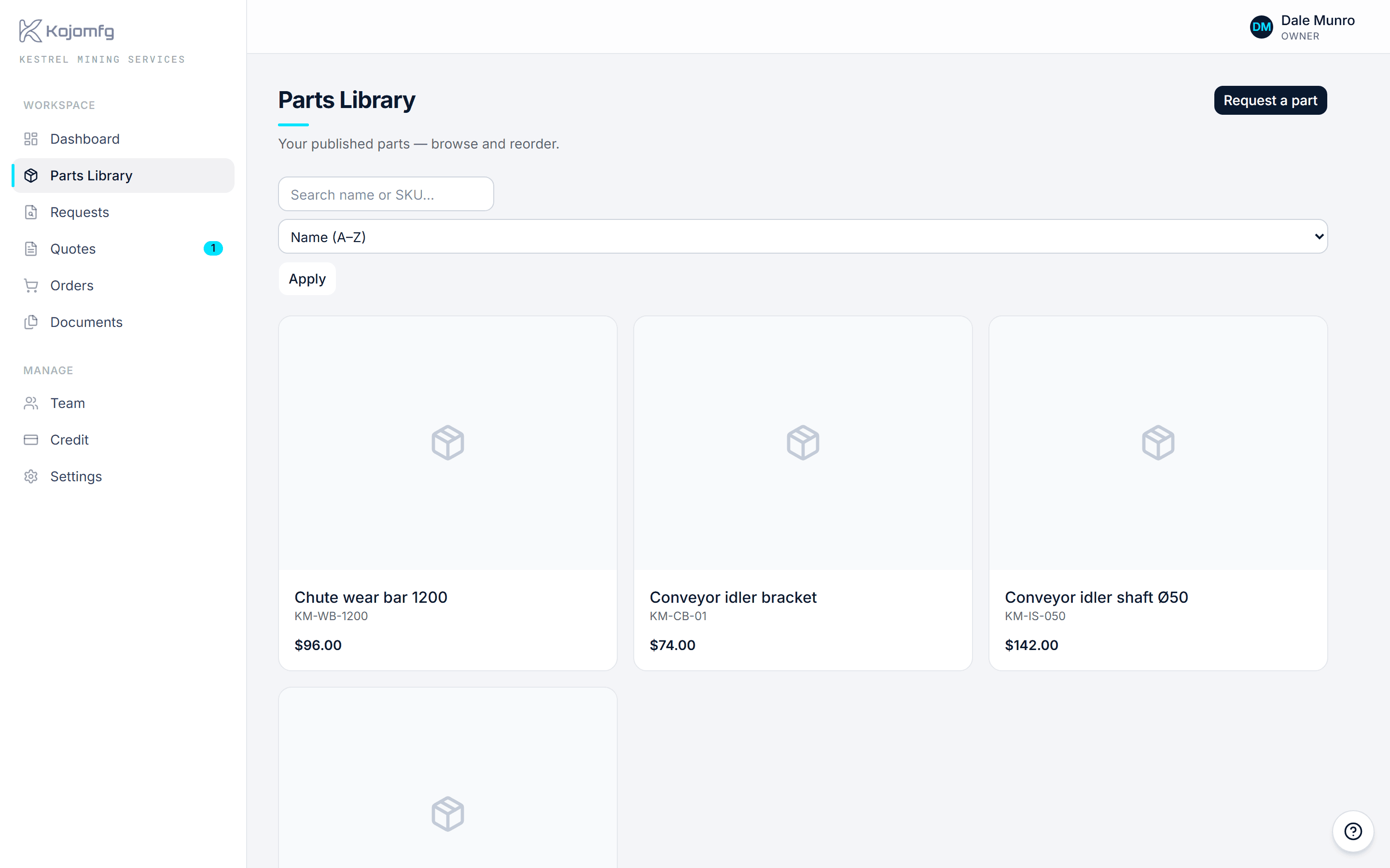 A customer's parts library in the portal, with drawings, revisions and reorder buttons.