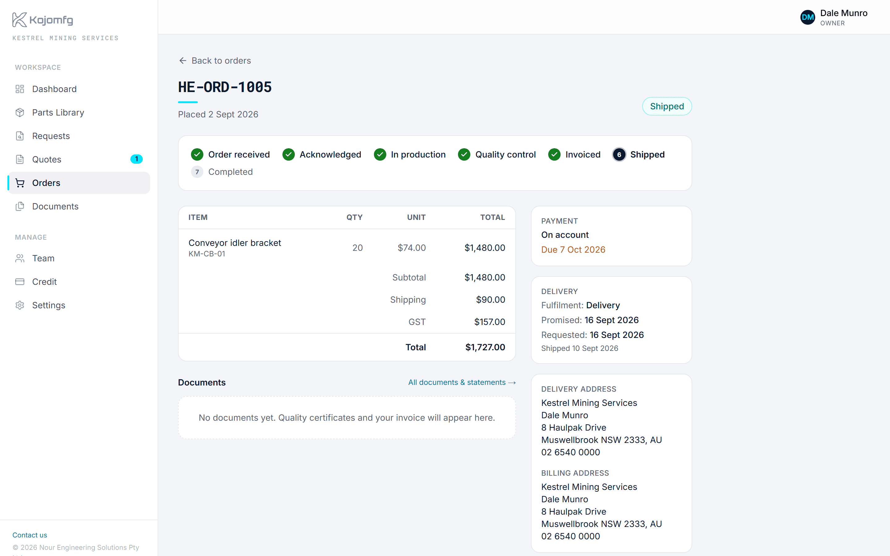 An order in the customer portal showing its status from received through to shipped.