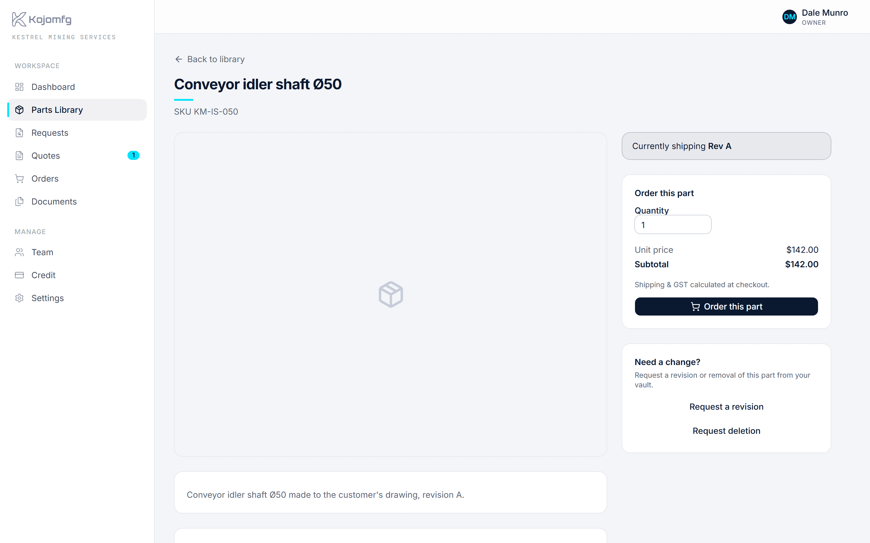 A part in the customer portal with its 3D model open in the browser.
