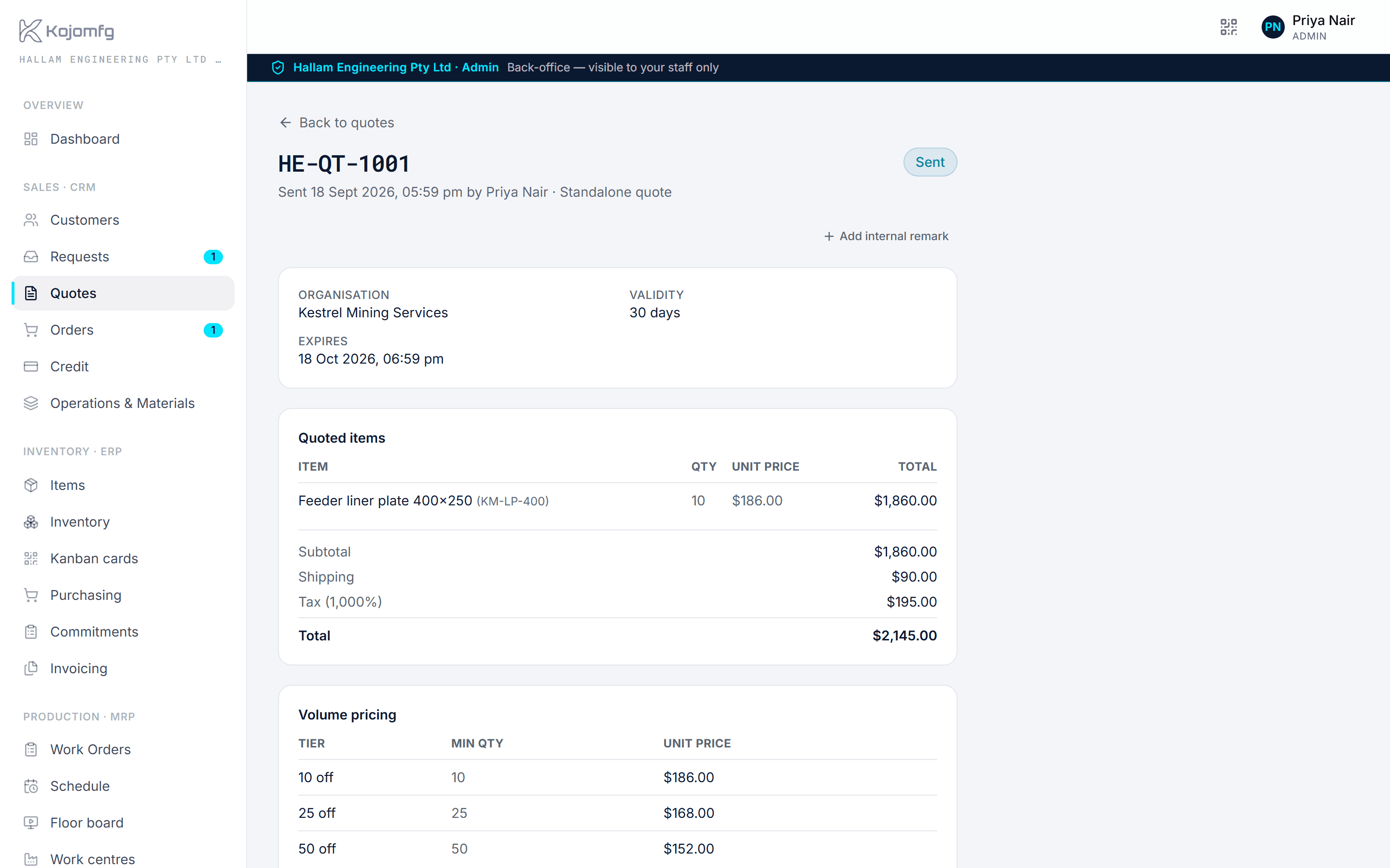 A quote being built with quantity tiers and a lead time.